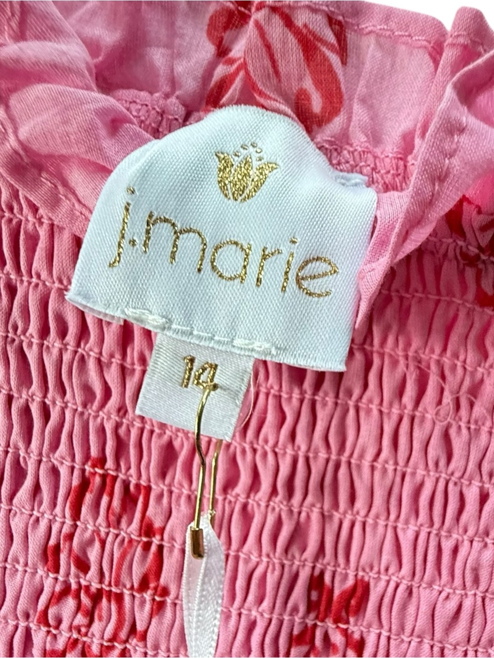 J.Marie Girls Smocked Tiered Dress Pink Floral Print Size 14 Puff Sleeve NWT - Picture 4 of 8